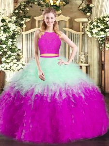 Ideal Floor Length Two Pieces Sleeveless Multi-color Quince Ball Gowns Zipper