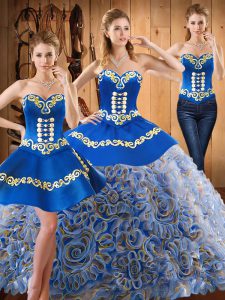 Strapless Sleeveless Quince Ball Gowns With Train Sweep Train Embroidery Multi-color Satin and Fabric With Rolling Flowers