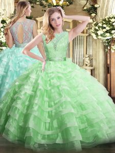 Apple Green Ball Gown Prom Dress Military Ball and Sweet 16 and Quinceanera with Lace and Ruffled Layers Scoop Sleeveless Backless