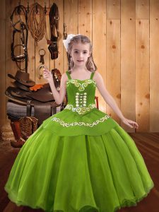 Best Olive Green Ball Gowns Organza Straps Sleeveless Embroidery Floor Length Lace Up Little Girl Pageant Dress