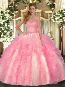 Decent Sleeveless Organza Floor Length Lace Up Quinceanera Dress in Rose Pink with Ruffles