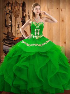 High Quality Green Ball Gowns Embroidery and Ruffles 15th Birthday Dress Lace Up Organza Sleeveless Floor Length