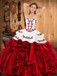 Excellent Ball Gowns Sweet 16 Dress Wine Red Strapless Satin and Organza Sleeveless Floor Length Lace Up