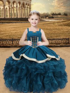 Excellent Ball Gowns Little Girls Pageant Dress Wholesale Teal Straps Organza and Taffeta Sleeveless Floor Length Lace Up
