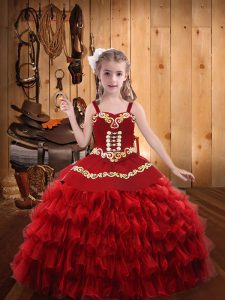 Red Sleeveless Embroidery and Ruffled Layers Floor Length Child Pageant Dress