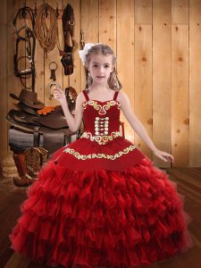 Red Sleeveless Embroidery and Ruffled Layers Floor Length Child Pageant Dress