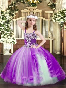 Modern Purple Lace Up Child Pageant Dress Appliques Sleeveless Floor Length