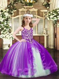 Floor Length Ball Gowns Sleeveless Purple Little Girl Pageant Gowns Lace Up