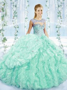 Decent Beading and Ruffles Quinceanera Dresses Apple Green Lace Up Sleeveless Brush Train