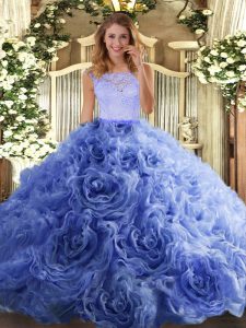 Flirting Organza and Fabric With Rolling Flowers Scoop Sleeveless Zipper Beading and Lace Quinceanera Gowns in Blue