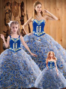 Admirable Multi-color Lace Up Sweetheart Embroidery Ball Gown Prom Dress Fabric With Rolling Flowers Sleeveless Sweep Train