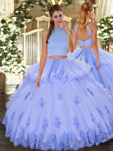 Modern Light Blue Sleeveless Beading and Appliques and Ruffles Floor Length Sweet 16 Quinceanera Dress