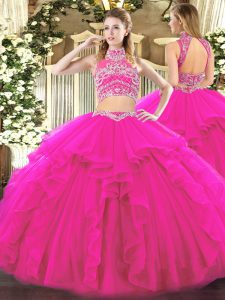 Fuchsia Two Pieces Beading and Ruffles Ball Gown Prom Dress Backless Tulle Sleeveless Floor Length