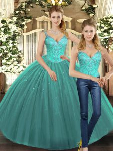 Hot Selling Turquoise Tulle Lace Up Straps Sleeveless Floor Length 15th Birthday Dress Beading