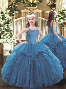 Customized Ball Gowns Pageant Gowns Teal Straps Tulle Sleeveless Floor Length Lace Up