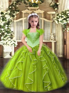 Unique Yellow Green Child Pageant Dress Party and Sweet 16 and Quinceanera and Wedding Party with Beading and Ruffles Straps Sleeveless Lace Up