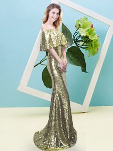 Yellow Mermaid Sequined Off The Shoulder Half Sleeves Sequins Floor Length Zipper Prom Dress