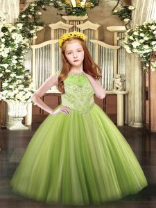 Yellow Green Sleeveless Floor Length Beading Zipper Winning Pageant Gowns