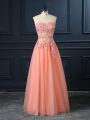 Orange Tulle Zipper Sweetheart Sleeveless Floor Length Dress for Prom Lace and Appliques