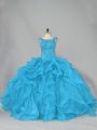 Aqua Blue Lace Up Quinceanera Gowns Beading and Ruffles Sleeveless Brush Train