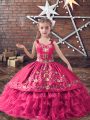 Floor Length Hot Pink Little Girl Pageant Gowns Straps Sleeveless Lace Up