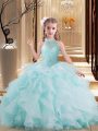 Wonderful Light Blue Little Girls Pageant Dress Wholesale Tulle Brush Train Sleeveless Beading and Ruffles