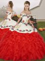 Sleeveless Floor Length Embroidery and Ruffles Lace Up 15th Birthday Dress with White And Red