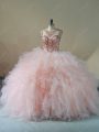 Flare Scoop Sleeveless Tulle Quinceanera Dresses Beading and Ruffles Brush Train Lace Up