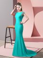 Fine Turquoise Short Sleeves Elastic Woven Satin Brush Train Backless Prom Party Dress for Prom and Party