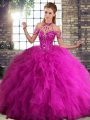 Fuchsia Halter Top Neckline Beading and Ruffles 15th Birthday Dress Sleeveless Lace Up