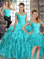 High Quality Aqua Blue Sleeveless Brush Train Beading and Ruffles Quinceanera Gowns