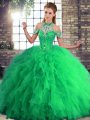 Modest Beading and Ruffles Ball Gown Prom Dress Green Lace Up Sleeveless Floor Length
