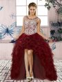 Burgundy Prom and Party with Beading and Ruffles Scoop Sleeveless Lace Up