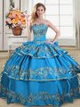 High Class Floor Length Blue Quinceanera Gowns Satin and Organza Sleeveless Embroidery and Ruffled Layers