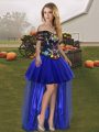 Sleeveless High Low Embroidery Lace Up Prom Gown with Royal Blue