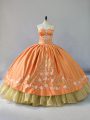Orange Ball Gowns Embroidery and Ruffled Layers Quince Ball Gowns Lace Up Satin and Organza Sleeveless Floor Length