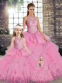 Lace and Embroidery and Ruffles Vestidos de Quinceanera Rose Pink Lace Up Sleeveless Floor Length