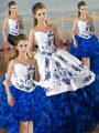 Glorious Blue And White Ball Gowns Embroidery and Ruffles Quinceanera Gown Lace Up Satin and Organza Sleeveless Floor Length