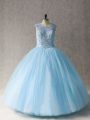 Pretty Light Blue Tulle Lace Up Vestidos de Quinceanera Sleeveless Floor Length Beading