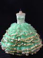 Customized Floor Length Apple Green Quinceanera Dresses Organza Sleeveless Ruffles