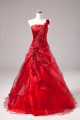 Fine Floor Length Red Sweet 16 Dress One Shoulder Sleeveless Lace Up