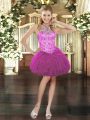 Pretty Fuchsia Halter Top Lace Up Beading and Ruffles Dress for Prom Sleeveless