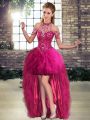 Romantic Fuchsia Sleeveless Beading and Ruffles High Low Dress for Prom