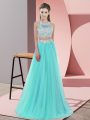 Floor Length Aqua Blue Bridesmaid Gown Tulle Sleeveless Lace