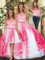Trendy Hot Pink Sleeveless Tulle Clasp Handle Quince Ball Gowns for Military Ball and Sweet 16 and Quinceanera