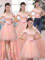 Tulle Off The Shoulder Short Sleeves Lace Up Lace and Hand Made Flower Quinceanera Dress in Pink