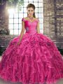 Beautiful Fuchsia Ball Gowns Beading and Ruffles Quinceanera Dress Lace Up Organza Sleeveless