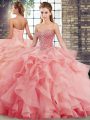 Best Selling Ball Gowns Sleeveless Watermelon Red Quinceanera Dress Brush Train Lace Up