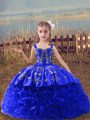 Excellent Embroidery Kids Formal Wear Royal Blue Lace Up Sleeveless Sweep Train