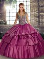 On Sale Fuchsia Quinceanera Dress Military Ball and Sweet 16 and Quinceanera with Beading and Ruffled Layers Straps Sleeveless Lace Up